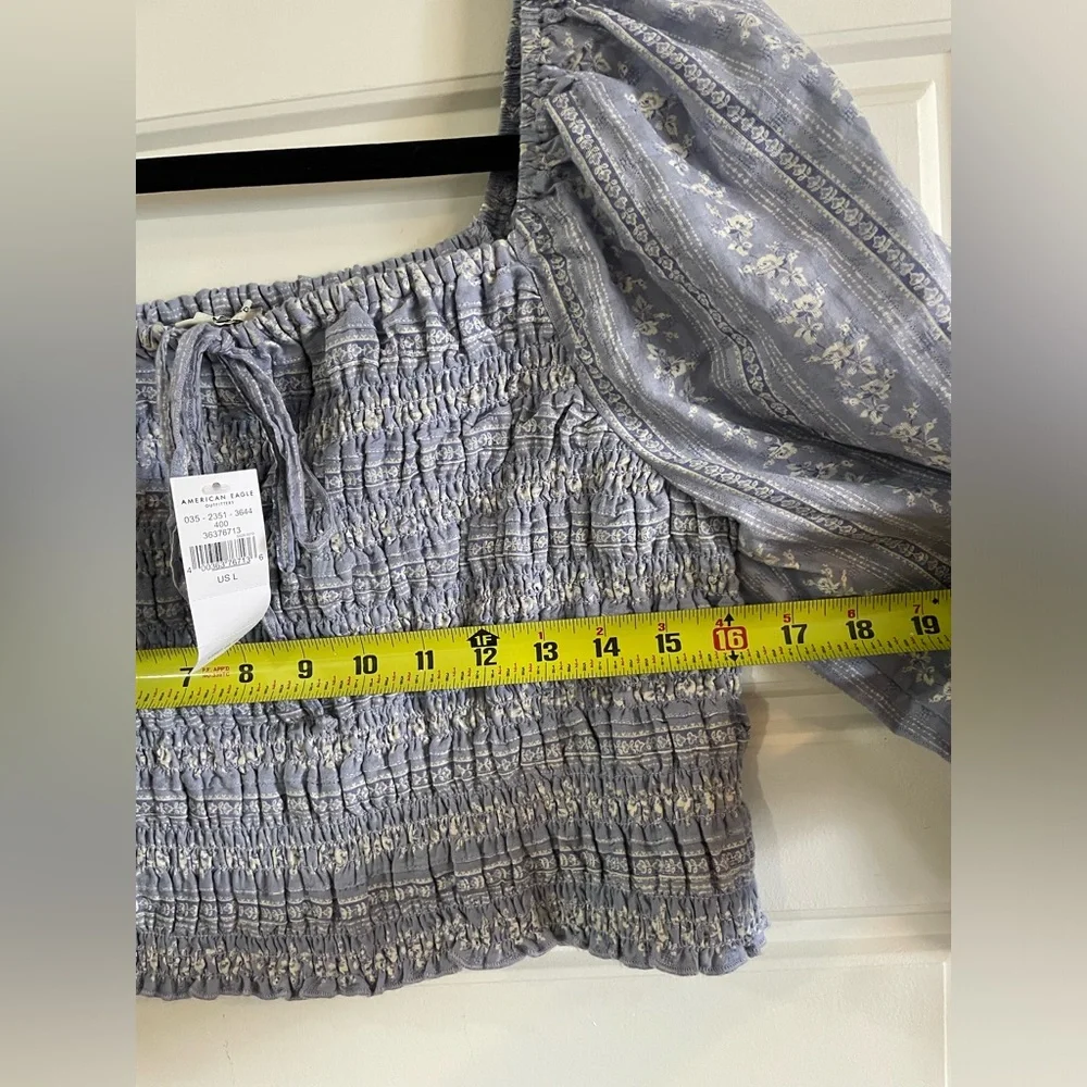 NWT American Eagle Square WomenNeck Floral Blue Crop Top Puff LongSleeves Size L